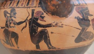 Greek vase depicting Prometheus bound to a stake, alongside Heracles and the eagle sent by Zeus to eat his liver.